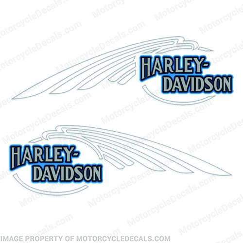 Harley-Davidson FXSTC Softail Decals Silver / Blue (Set of 2) - Fuel Tank Harley-Davidson, fxstc, Decals,  silver, (Set of 2), 14471, Harley, Davidson, Harley Davidson, soft, tail, 1995, 1996, 96, softtail, soft-tail, softail, harley-davidson, Fuel, Tank, Decal, 2009, INCR10Aug2021