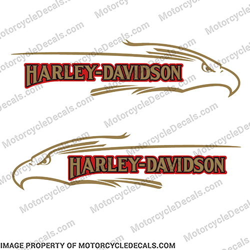 Harley Davidson FXD Eagle Gold Red Gas Tank Decals (Set of 2)  harley, harley davidson, harleydavidson, harley_davidson_fat_boy_fxef_1985 silver, fuel, fsxe, fat, boy, fxd, red, blue, gold, eagle, head, logo, emblem, tank, fuel, decal, sticker, INCR10Aug2021