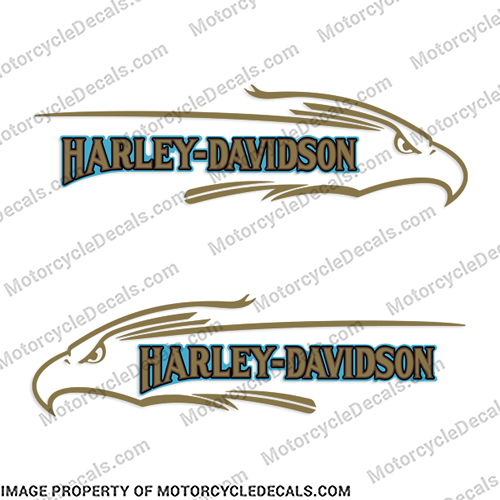 Harley Davidson FXD Eagle Gold Blue Gas Tank Decals (Set of 2)   harley, harley davidson, harleydavidson, harley_davidson_fat_boy_fxef_1985 silver, fuel, fsxe, fat, boy, fxd, blue, gold, eagle, head, logo, emblem, tank, fuel, decal, sticker, INCR10Aug2021