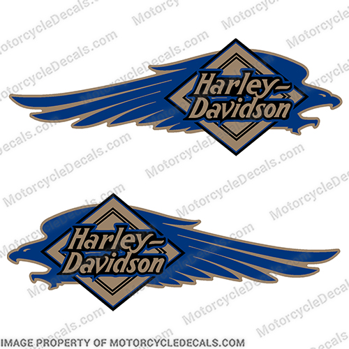 Harley-Davidson FXSTC Softail Decals Gold / Bllue (Set of 2) - Fuel Tank Decal Harley-Davidson, fxstc, Decals,  gold, blue, set, of, 2, (Set of 2), 14471, Harley, Davidson, Harley Davidson, soft, tail, 1995, 1996, 96, softtail, soft-tail, softail, harley-davidson, Fuel, Tank, Decal, INCR10Aug2021