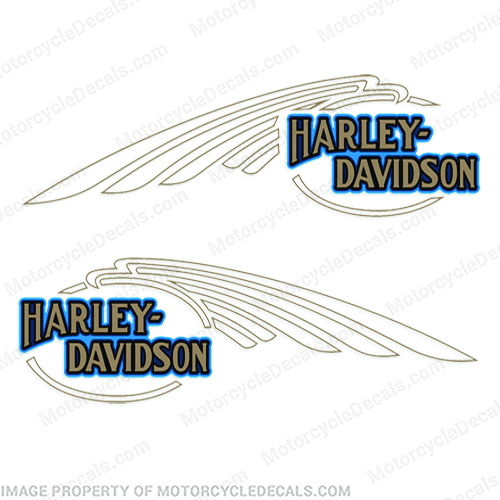 Harley-Davidson FXSTC Softail Decals Gold / Blue (Set of 2) - Fuel Tank Harley-Davidson, fxstc, Decals, silver, (Set of 2), 14471, Harley, Davidson, Harley Davidson, soft, tail, 1995, 1996, 96, softtail, soft-tail, softail, harley-davidson, Fuel, Tank, Decal, 2009, INCR10Aug2021