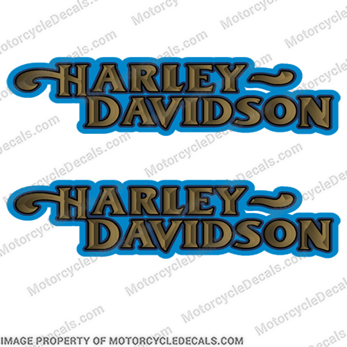 Harley-Davidson Fuel Tank Motorcycle Decals (Set of 2) - Style 15 - Blue/Gold harley, harley davidson, harleydavidson, style, 15, blue, gold, motorcycle, decals, decal, stickers, set, of, 2, vintage, bike, streetbike, 