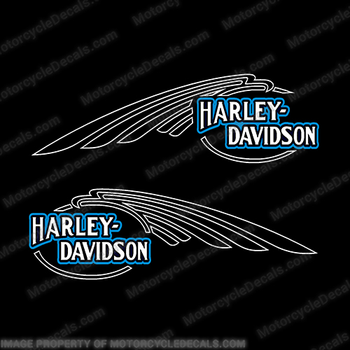 Harley-Davidson FXSTC Softail Decals White / Blue (Set of 2) - Fuel Tank  Harley-Davidson, fxstc, Decals,  silver, (Set of 2), 14471, Harley, Davidson, Harley Davidson, soft, tail, 1995, 1996, 96, softtail, soft-tail, softail, harley-davidson, Fuel, Tank, Decal, 2009, White, INCR10Aug2021